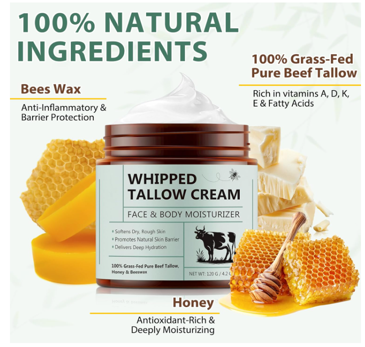 Beef Tallow Face Cream, Bálsamo de Sebo de Vacuno Puro con Miel